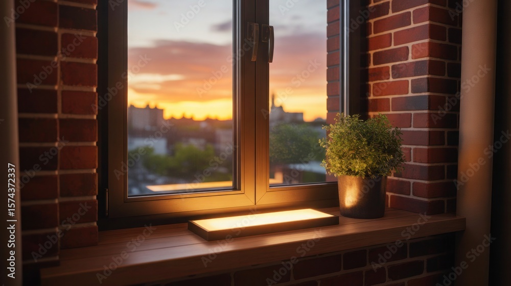 Fototapeta premium Cozy window view with warm sunset glow illuminating cityscape and interior decor