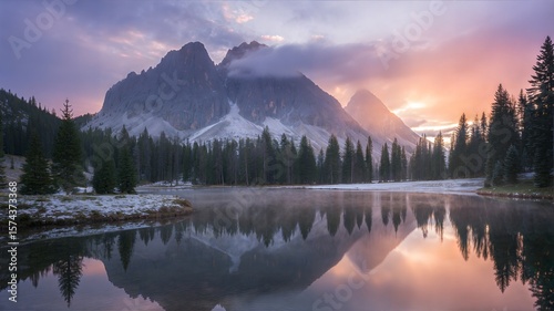 Fototapeta Naklejka Na Ścianę i Meble -  Mountain lake reflection at sunrise with misty sky