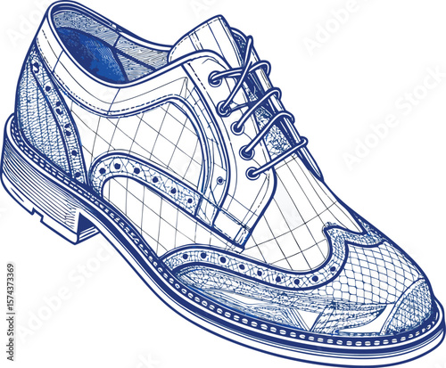 Elegant blue outline art showcases a stylish vintage wingtip dress shoe with detailed designs, perfect for fashion and style-related concepts.