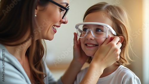 Loving Mother Helping Daughter Put on Protective Safety Goggles at Home