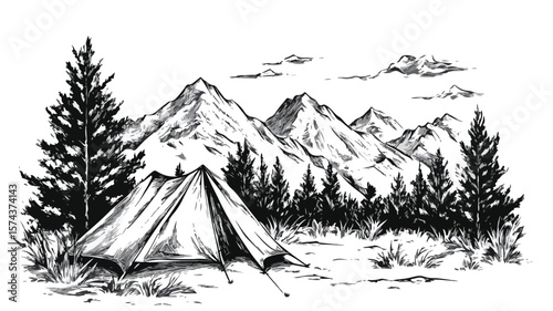 Vintage Woodcut Engraving of Camping in the Mountains