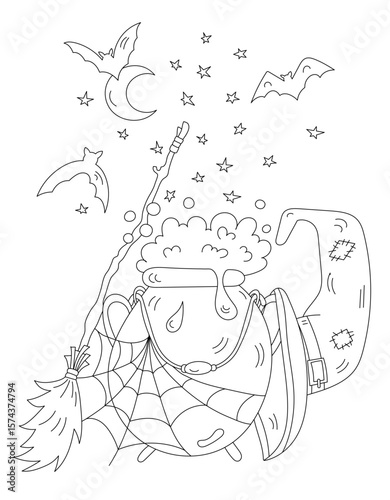 Coloring Page For Children And Adults With A Witch's Cauldron Magic Theme