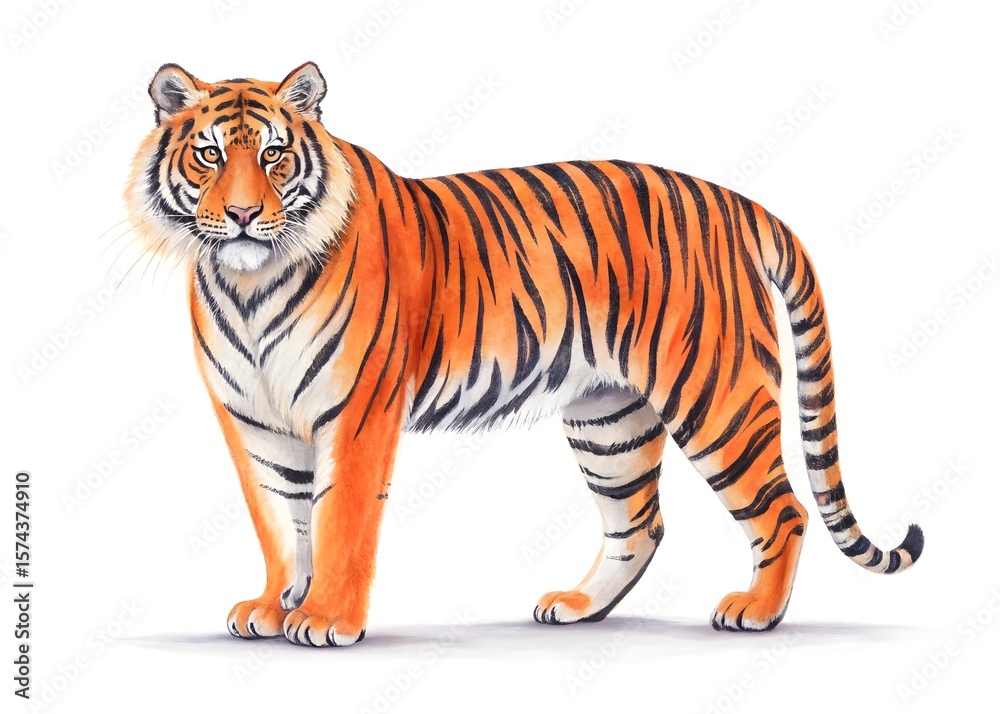 Obraz premium A powerful tiger with bold stripes, isolated on white
