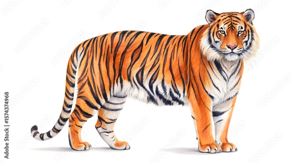 Naklejka premium A majestic tiger stands proudly, isolated on a white background
