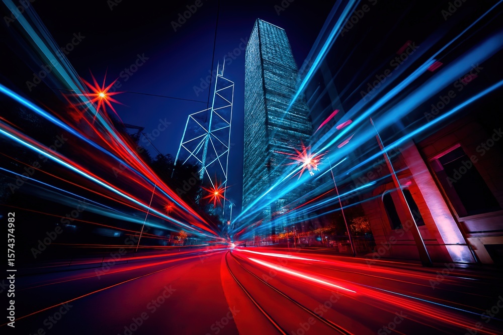 Fototapeta premium Vibrant city nightscape with streaks of red and blue light trails from moving vehicles and illuminated skyscrapers