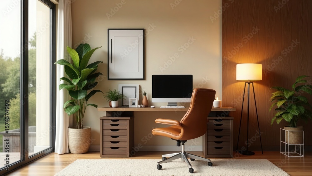 Fototapeta premium Modern Home Office Tan Leather Chair Desk Plants Lamp
