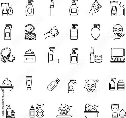 Line art illustrations of skincare and beauty products on white background  
