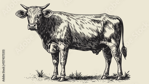 Detailed Vintage Cow Woodcut Linocut Engraving Illustration