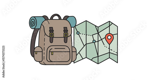 Illustration of a backpack with a rolled mat and a map with location pin