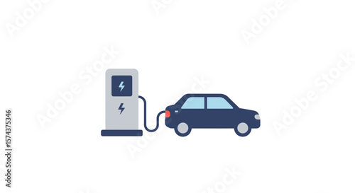 Illustration of a dark blue electric car charging at a charging station