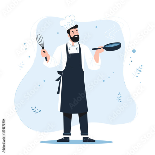 A skilled chef preparing with a whisk and a pan in the kitchen.