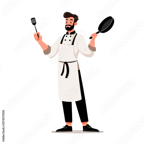 A cartoon chef with a cooking pan and spatula.