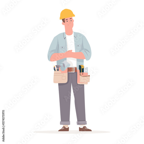 A construction worker wearing a yellow hard hat with tools.