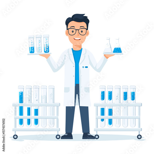 A scientist is wearing a lab coat while holding a beaker and test tubes.