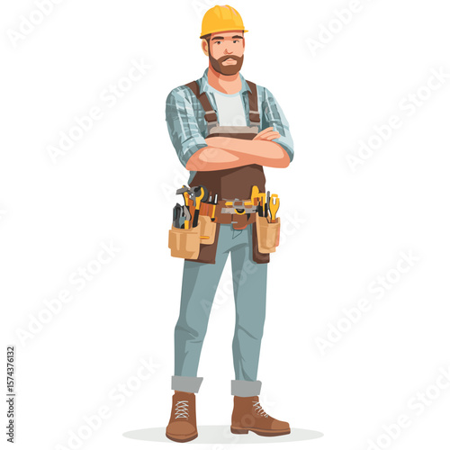 A confident builder with a tool belt and yellow hard hat.