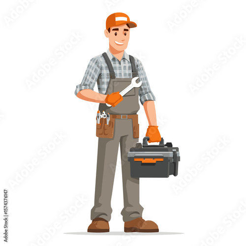 A mechanic holding a tool box and wrench.