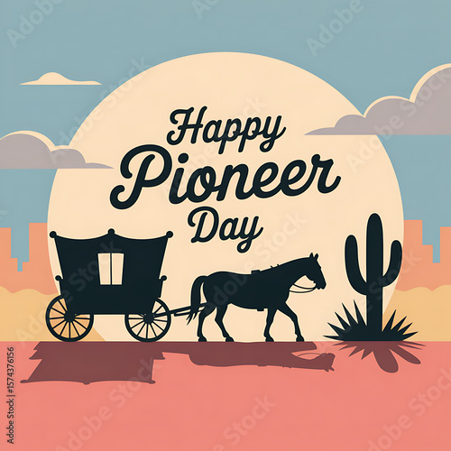 Vintage Pioneer Day Celebration Illustration with Horse Drawn Carriage and Desert Landscape