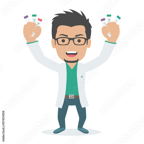 A cheerful scientist holding multiple vaccine vials up high.