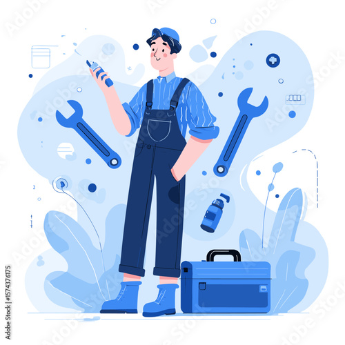A technician holding a phone and tools with blue theme.