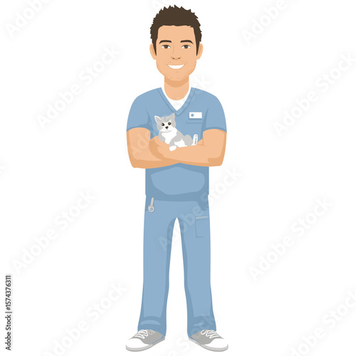 A friendly veterinarian with a cute cat.