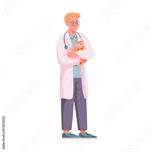 A veterinary doctor in a clinic gently holding a small orange cat.