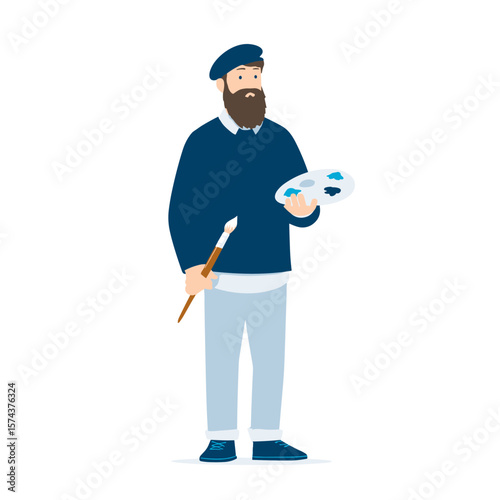 A professional painter is holding a paintbrush and a palette with a focused expression.