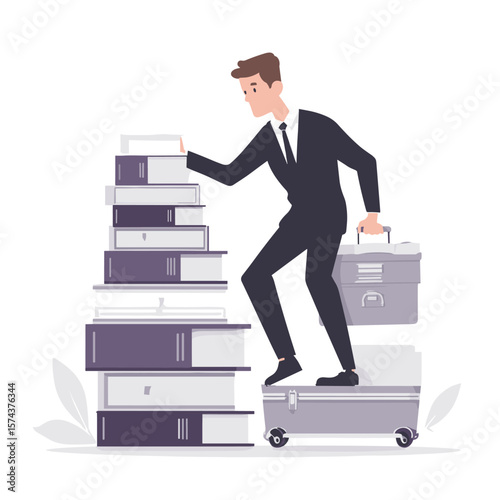 A businessman with a briefcase confidently ascending a stack of books.