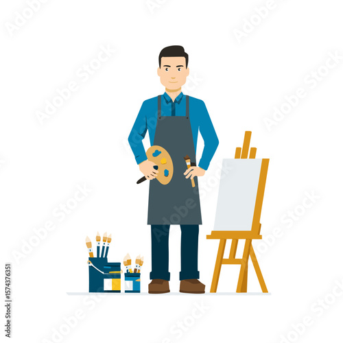 Artist holding paint palette with brushes and canvas.