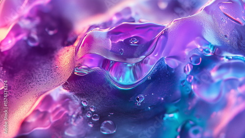 A highly detailed microscopic view of a gelatin dessert in vibrant purples and teals