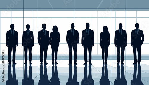 Group of Business Silhouettes by Glass Wall in Minimal Vector Style