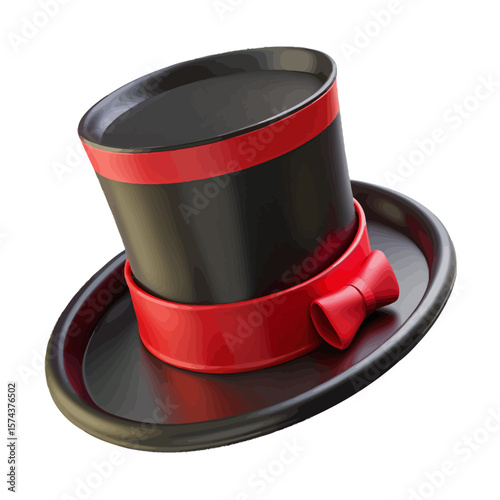"Black Top Hat with Red Ribbon and Bow Tie – Glossy Formal Wear Icon, Classic Gentlemen’s Accessory, Costume & Vintage Fashion Graphic for Design & Blogs"