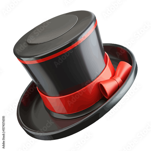 "Black Top Hat with Red Ribbon and Bow Tie – Glossy Formal Wear Icon, Classic Gentlemen’s Accessory, Costume & Vintage Fashion Graphic for Design & Blogs"