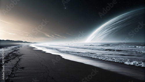 Futuristic beach scene with planetary rings visible in sky, waves meeting shore, and cosmic elements creating surreal extraterrestrial coastal landscape.