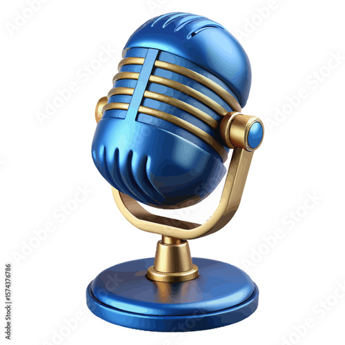 "Vintage Blue & Gold Microphone Icon – Retro Broadcast Equipment Design, Classic Audio Recording Symbol, Music Studio Element for Podcasts, Blogs & UI"
