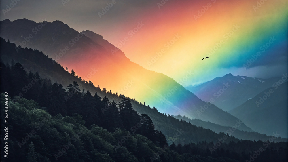 Obraz premium Dramatic mountain landscape with vibrant rainbow gradient sky, layered peaks creating depth, single bird silhouette, magical atmospheric lighting with spectrum colors.