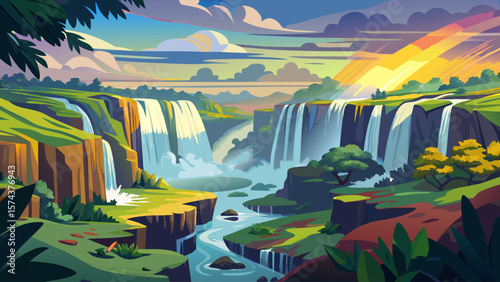 Victoria Falls, Zambia/Zimbabwe – Cascading water plummets in thundering curtains. Mist rises over rainbow spray, surrounded by emerald rainforest—nature’s majestic power in full display.
