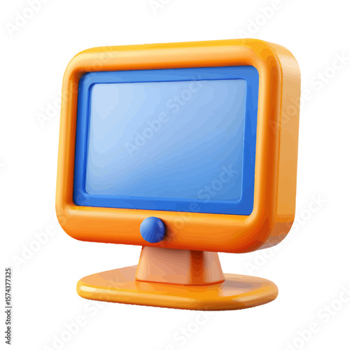 "Toy Computer Monitor with Orange Frame and Blue Screen – Whimsical Tech Illustration, Playful Kids UI Display Icon, Colorful Digital Device PNG Design"