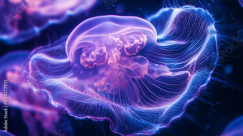 Cellular-level close-up of jellyfish tissue glowing with bio-luminescent patterns