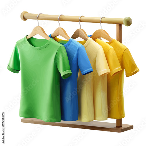 "Colorful T-Shirt Rack Display – Vibrant Fashion Showcase, Casual Wear Clothing Arrangement, Trendy Apparel Ideas, Organized Wardrobe Inspiration"