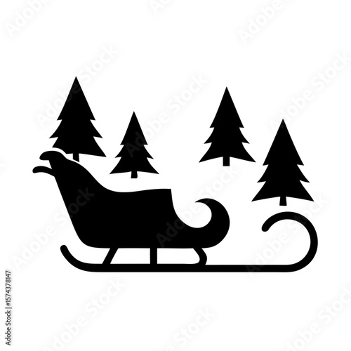 Black sleigh ride through a snowy forest silhouette design