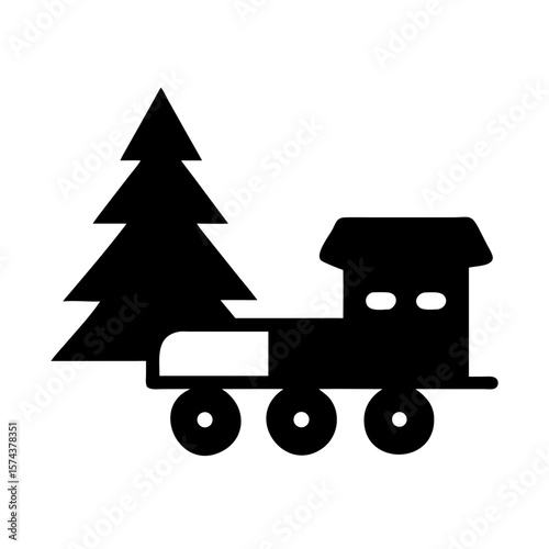 Silhouette design of a toy train around a christmas tree