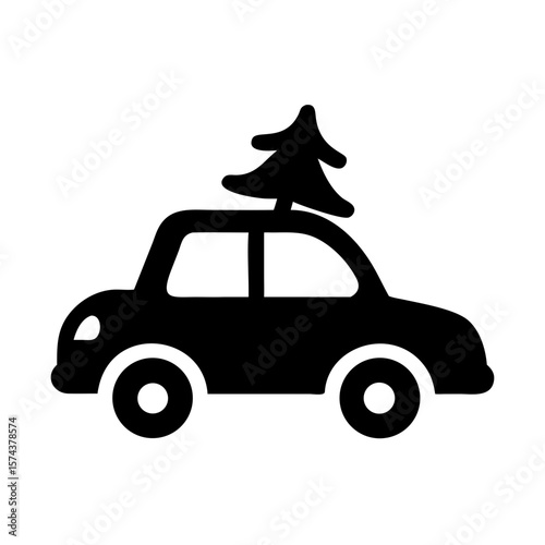 Vintage christmas car silhouette with festive holiday tree