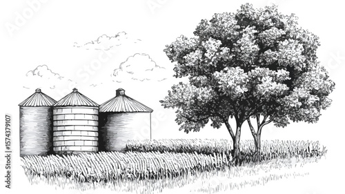 Engraved Grain Silo Illustration with Rural Lands