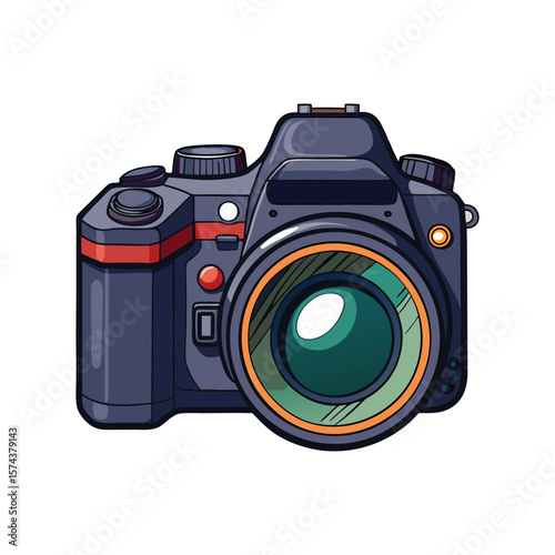 Modern digital slr camera with lens front view illustration isolated on white