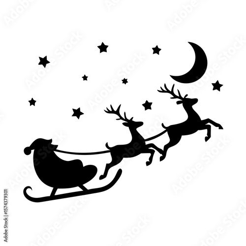 Black silhouette of santa's sleigh with reindeer flying