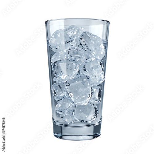 Clear glass filled with ice cubes and water isolated on transparent background