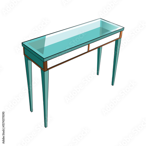 Modern teal console table with glass top and two drawers