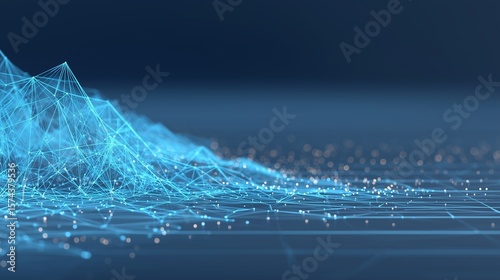 A flowing plexus network of glowing nodes on a dark background. This abstract tech graphic with soft bokeh effects symbolizes data, connectivity, and innovation.