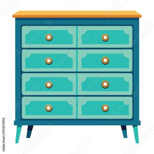 Retro teal dresser with eight drawers and golden knobs on tapered legs