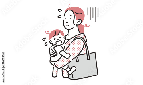 泣いた赤ちゃんを抱っこするワーキングマザー